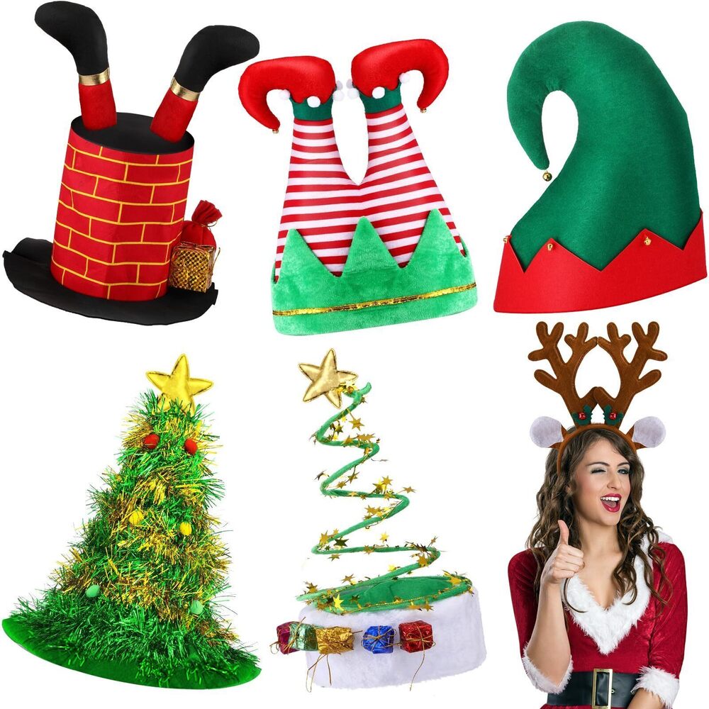 3173 6 Pcs Christmas Hats Santa Pants, Reindeer & More for Adults & Kids